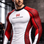 Men’s red white rashguard compression top WANI Muscle Gear gym wear