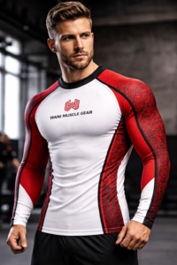 Men’s red white rashguard compression top WANI Muscle Gear gym wear