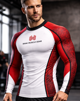 Home Men’s red white rashguard compression top WANI Muscle Gear gym wear