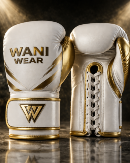 Home Royal white and gold competition boxing gloves by WANI WEAR made from premium cowhide leather with ergonomic grip, multi-layer foam padding, and luxury gold detailing.