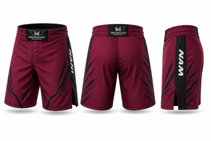 custom mma fight shorts front back side view red black sublimation oem odm manufacturer