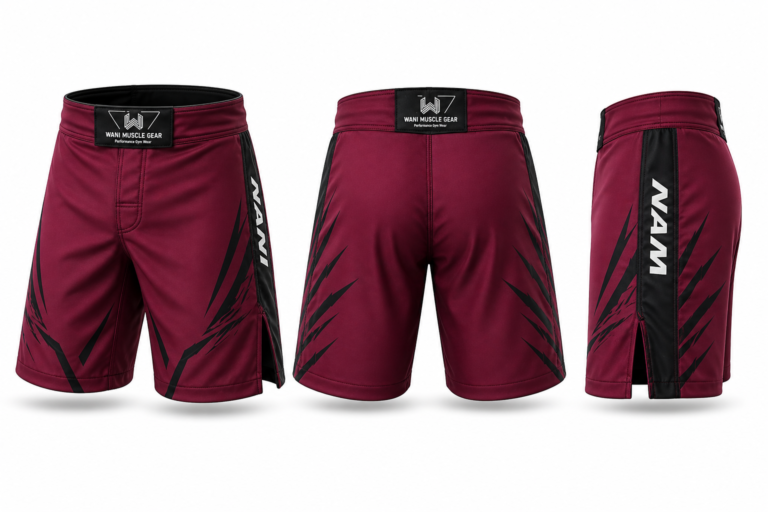 custom mma fight shorts front back side view red black sublimation oem odm manufacturer