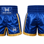 Premium blue boxing shorts front and back view with gold trim, satin fabric, elastic waistband, side vents, reinforced stitching, and Wani Wear logo on white background.