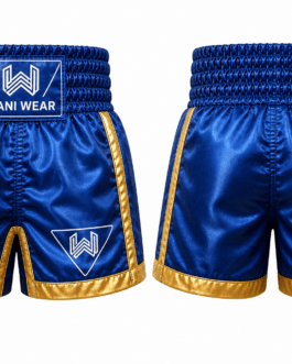 Premium blue boxing shorts front and back view with gold trim, satin fabric, elastic waistband, side vents, reinforced stitching, and Wani Wear logo on white background.