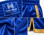 wani wear premium boxing shorts | royal blue & gold | satin fight shorts for boxing, muay thai, mma & kickboxing