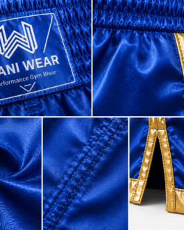 wani wear premium boxing shorts | royal blue & gold | satin fight shorts for boxing, muay thai, mma & kickboxing