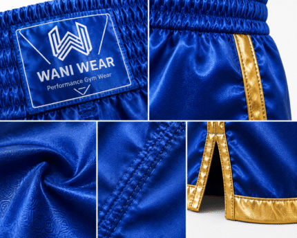 wani wear premium boxing shorts | royal blue & gold | satin fight shorts for boxing, muay thai, mma & kickboxing