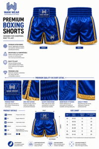 Premium blue boxing shorts front and back view with gold trim, satin fabric, elastic waistband, side vents, reinforced stitching, and Wani Wear logo on white background.