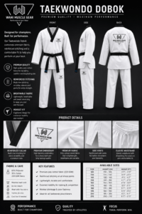 Close-up details of Taekwondo uniform construction showing reinforced collar stitching, side vents for mobility, and high-density logo embroidery.