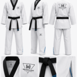 Front, side, and back views of a premium white Taekwondo Dobok with black collar and custom embroidery for martial arts clubs and sports wear stores.