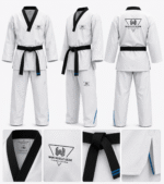 Front, side, and back views of a premium white Taekwondo Dobok with black collar and custom embroidery for martial arts clubs and sports wear stores.