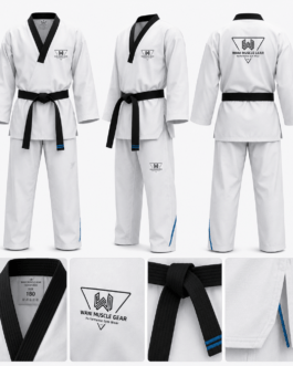 Front, side, and back views of a premium white Taekwondo Dobok with black collar and custom embroidery for martial arts clubs and sports wear stores.
