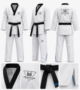 Front, side, and back views of a premium white Taekwondo Dobok with black collar and custom embroidery for martial arts clubs and sports wear stores.
