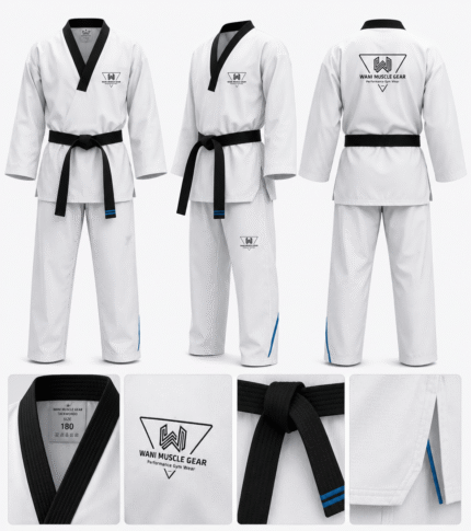 Front, side, and back views of a premium white Taekwondo Dobok with black collar and custom embroidery for martial arts clubs and sports wear stores.