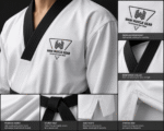 Detailed specification sheet for customized Taekwondo Dobok by Wani Muscle Gear featuring size charts, fabric details, and 220 GSM poly-cotton blend benefits for B2B buyers.