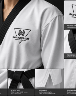 Detailed specification sheet for customized Taekwondo Dobok by Wani Muscle Gear featuring size charts, fabric details, and 220 GSM poly-cotton blend benefits for B2B buyers.