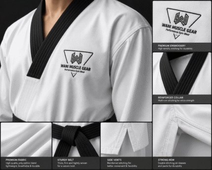 Detailed specification sheet for customized Taekwondo Dobok by Wani Muscle Gear featuring size charts, fabric details, and 220 GSM poly-cotton blend benefits for B2B buyers.