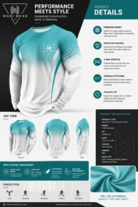 Custom teal and white sublimated gym shirt by WANI WEAR featuring moisture-wicking polyester fabric, athletic fit, long sleeves, and private label OEM sportswear manufacturing for gyms, fitness brands, and B2B buyers worldwide.