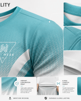 Custom teal and white sublimated gym shirt by WANI WEAR featuring moisture-wicking polyester fabric, athletic fit, long sleeves, and private label OEM sportswear manufacturing for gyms, fitness brands, and B2B buyers worldwide.