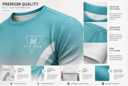 Custom teal and white sublimated gym shirt by WANI WEAR featuring moisture-wicking polyester fabric, athletic fit, long sleeves, and private label OEM sportswear manufacturing for gyms, fitness brands, and B2B buyers worldwide.