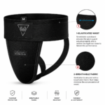 Premium leather groin guard for boxing and MMA — front view, black with white stripe waistband