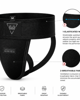 Premium leather groin guard for boxing and MMA — front view, black with white stripe waistband
