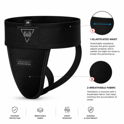 Premium leather groin guard for boxing and MMA — front view, black with white stripe waistband