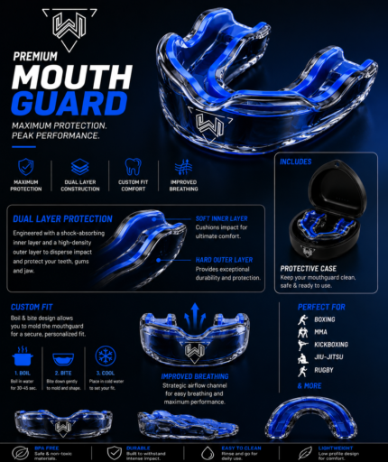 Premium black boxing mouth guard with protective case for MMA, boxing, Muay Thai, rugby, hockey, and combat sports
