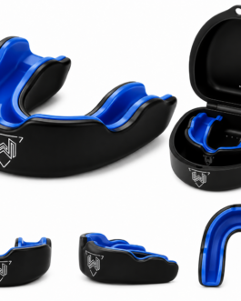 Premium black boxing mouth guard with protective case for MMA, boxing, Muay Thai, rugby, hockey, and combat sports