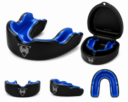 Premium black boxing mouth guard with protective case for MMA, boxing, Muay Thai, rugby, hockey, and combat sports