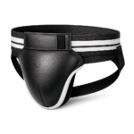 Premium leather groin guard for boxing and MMA — front view, black with white stripe waistband