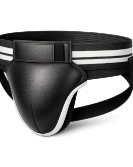 Premium leather groin guard for boxing and MMA — front view, black with white stripe waistband