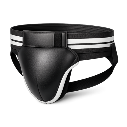 Premium leather groin guard for boxing and MMA — front view, black with white stripe waistband