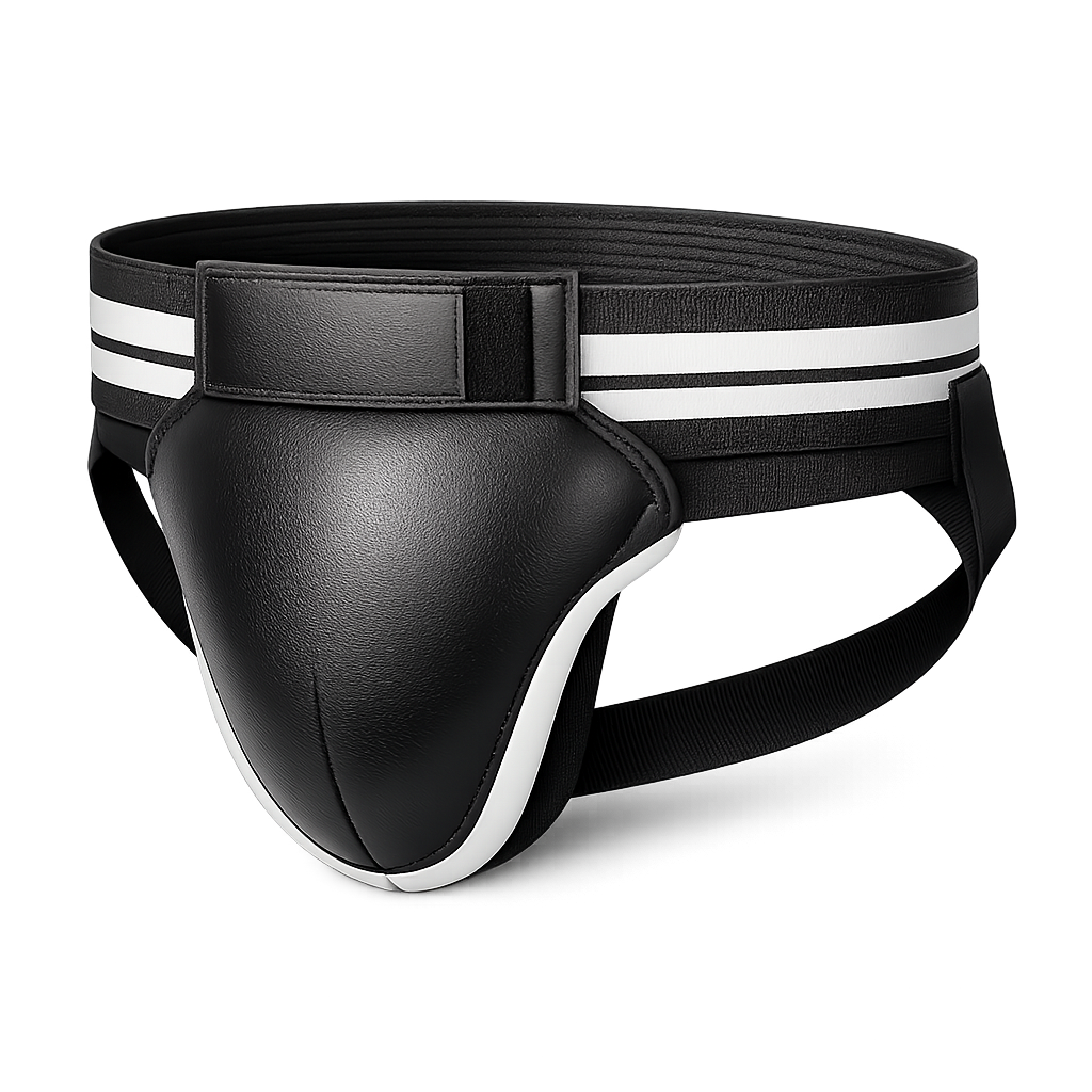 Premium Leather Groin Guard for Boxing & MMA — Ventilated Cup, Anti-Slip Waistband Premium leather groin guard for boxing and MMA — front view, black with white stripe waistband