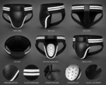 Boxing groin protector side view showing contoured leather cup and elastic leg straps