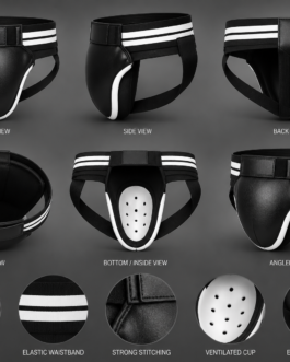 Boxing groin protector side view showing contoured leather cup and elastic leg straps