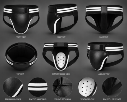 Boxing groin protector side view showing contoured leather cup and elastic leg straps