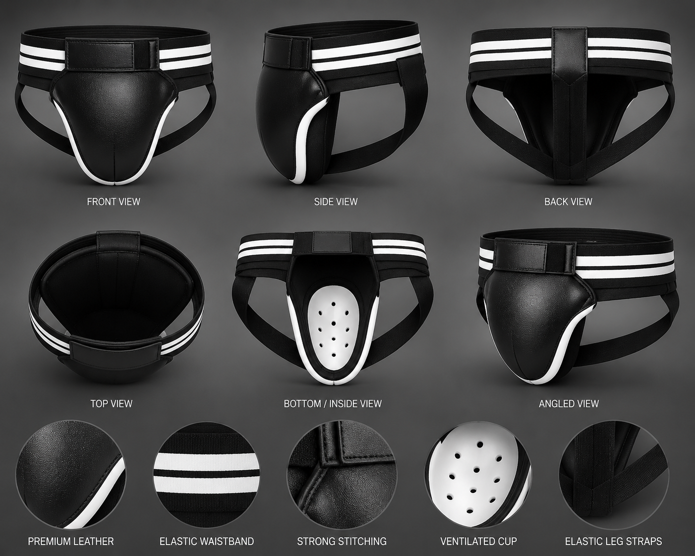 Premium Leather Groin Guard for Boxing & MMA — Ventilated Cup, Anti-Slip Waistband Boxing groin protector side view showing contoured leather cup and elastic leg straps