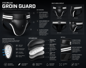 Premium Leather Groin Guard for Boxing & MMA — Ventilated Cup, Anti-Slip Waistband Exploded view showing five-layer protection system — groin guard construction diagram