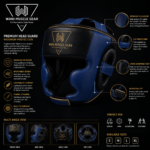 Wani Muscle Gear premium PU leather boxing head guard front view navy blue and black"