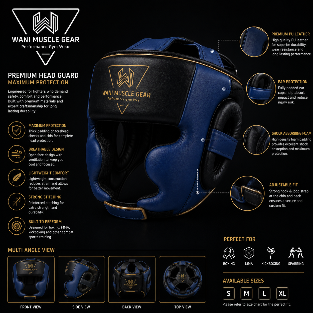 Wani Wear Premium PU Leather Boxing Head Guard – MMA & Kickboxing Sparring Helmet | OEM ODM Private Label Wholesale Wani Muscle Gear premium PU leather boxing head guard front view navy blue and black"