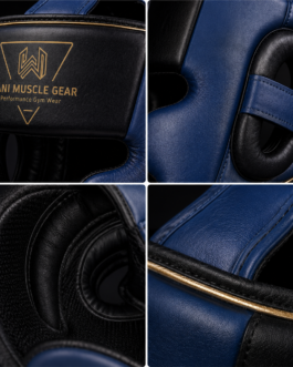 Wani Muscle Gear premium PU leather boxing head guard front view navy blue and black"