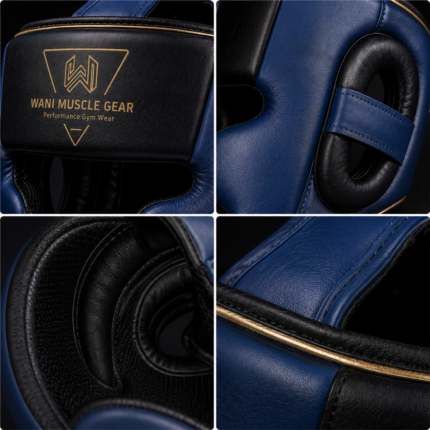 Wani Muscle Gear premium PU leather boxing head guard front view navy blue and black"