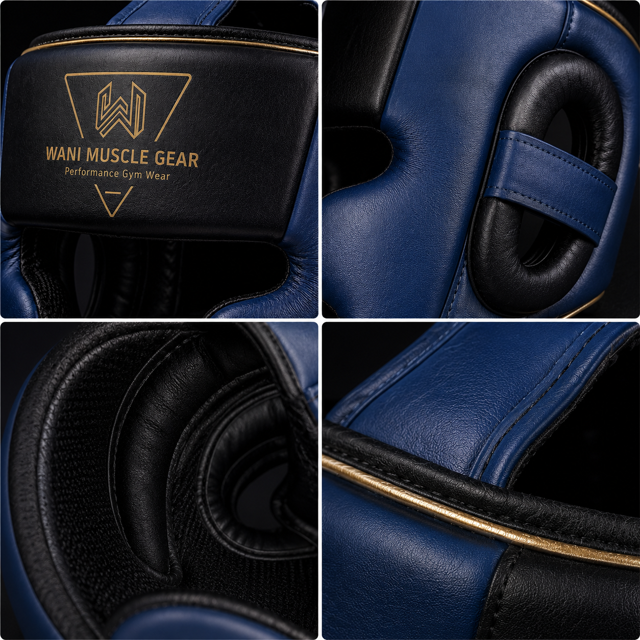 Wani Wear Premium PU Leather Boxing Head Guard – MMA & Kickboxing Sparring Helmet | OEM ODM Private Label Wholesale Wani Muscle Gear premium PU leather boxing head guard front view navy blue and black"