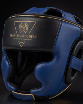 Wani Muscle Gear premium PU leather boxing head guard front view navy blue and black"