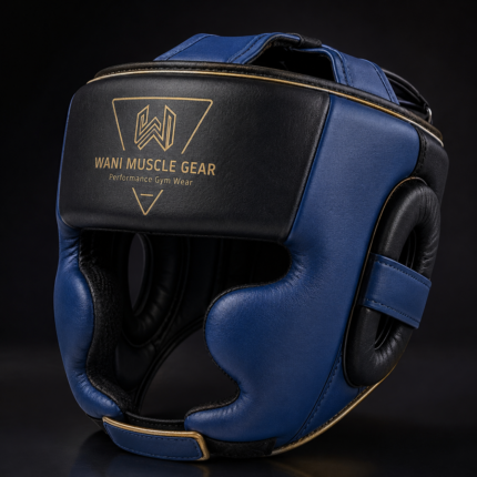 Wani Muscle Gear premium PU leather boxing head guard front view navy blue and black"