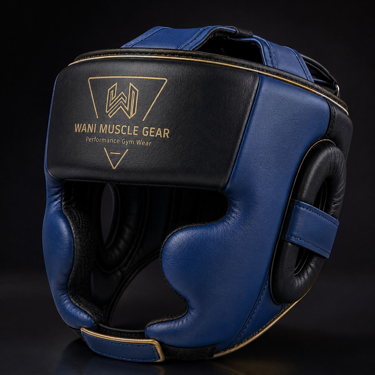 Wani Wear Premium PU Leather Boxing Head Guard – MMA & Kickboxing Sparring Helmet | OEM ODM Private Label Wholesale Wani Muscle Gear premium PU leather boxing head guard front view navy blue and black"