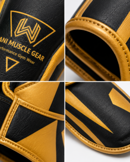 Technical infographic for Wani Muscle Gear shin and instep guards detailing multi-layer foam, CE certification, sizing chart, and target combat sports like Muay Thai and boxing
