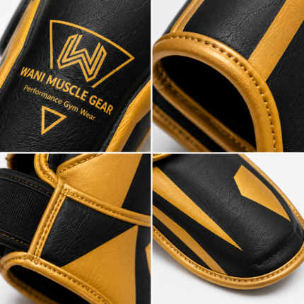 Technical infographic for Wani Muscle Gear shin and instep guards detailing multi-layer foam, CE certification, sizing chart, and target combat sports like Muay Thai and boxing