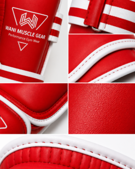 Shin guard logo print, strap buckle, and stitching detail close-up - Wani Muscle Gear